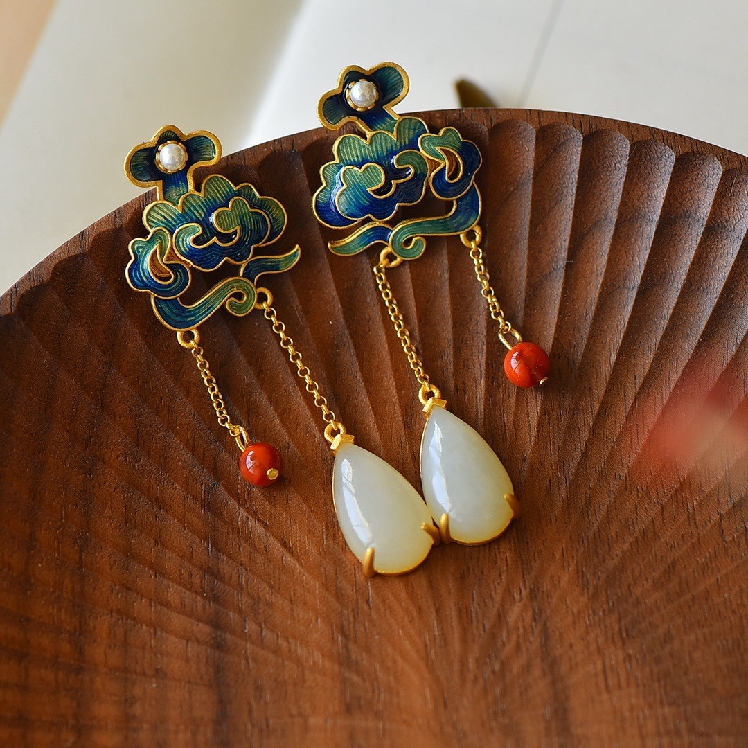 Antique Silver Inlaid Hetian Jade Water Drop White Jade Enamel with Duobao Earrings Vintage Women's Earrings Earrings