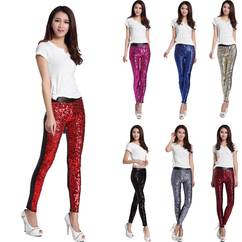 Picture of European and American spring new high waist faux leather pants stage performance Women's fashion high waist sequined leggings cropped pants