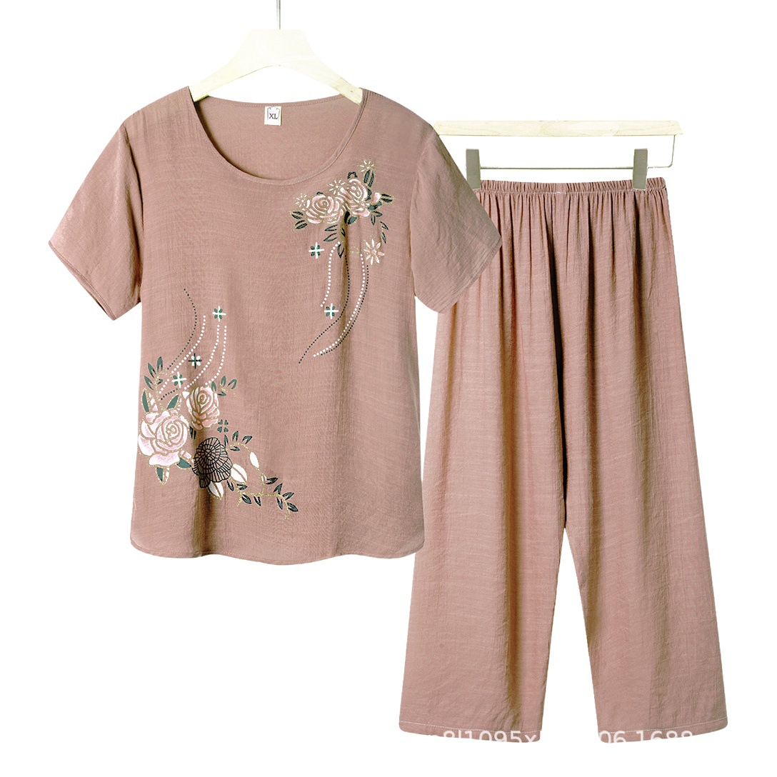 Middle-Aged and Elderly Mother's Pajamas Summer Short-Sleeved Breathable T-Shirt Set Spring & Fall Large Size Cotton and Linen Printed Home Clothes