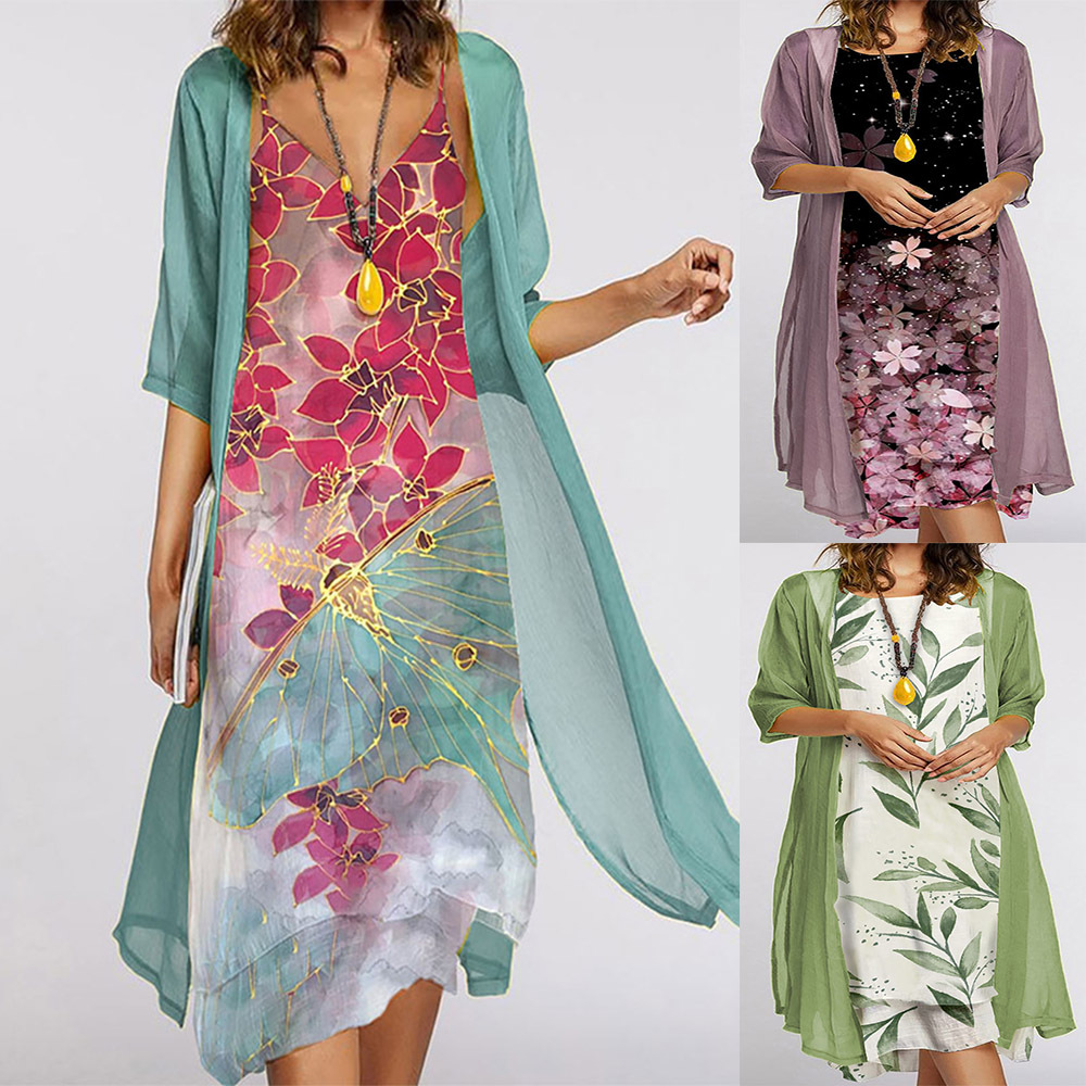 2022 European and American Independent Station Spring and Summer New Women's Long Dress Printed Crewneck Short-sleeved Chiffon Shirt Two-piece Set
