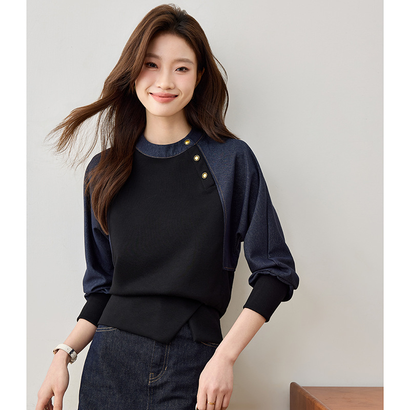 Vintage high-end patchwork slim sweatshirt, 2025 autumn new Korean casual crew neck slimming top A5860