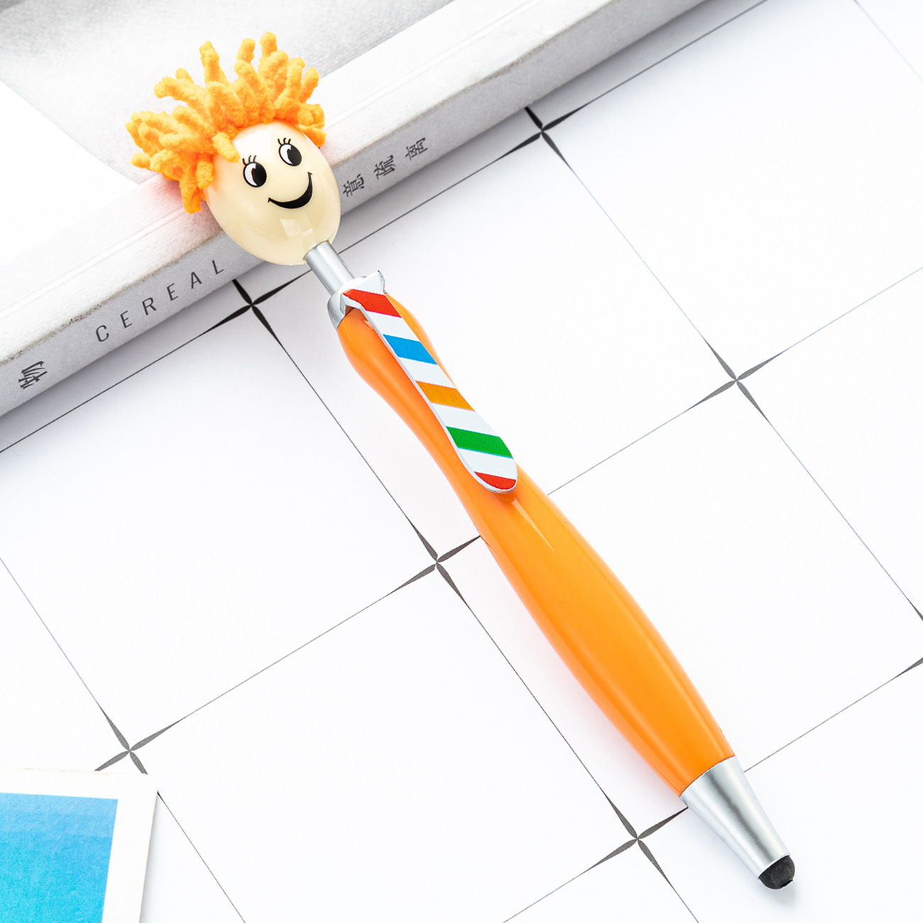 Picture of Cute plush doll head ballpoint pen printable logo three-dimensional cartoon smiley touch pen Christmas gift pen
