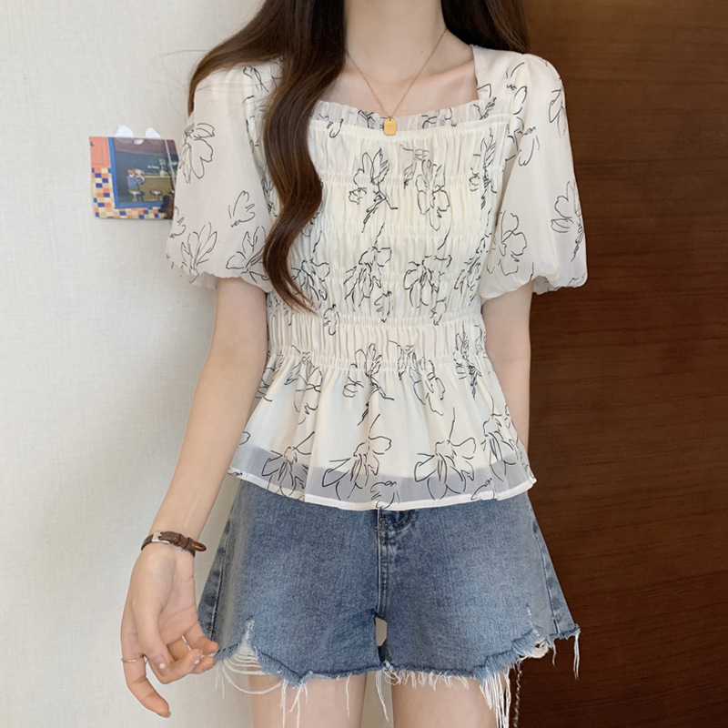 Large Size Chubby Girl Summer New Style Top Short-sleeved T-shirt Women's Pleated Ear Edge Square Collar Puff Sleeve Floral Chiffon Shirt