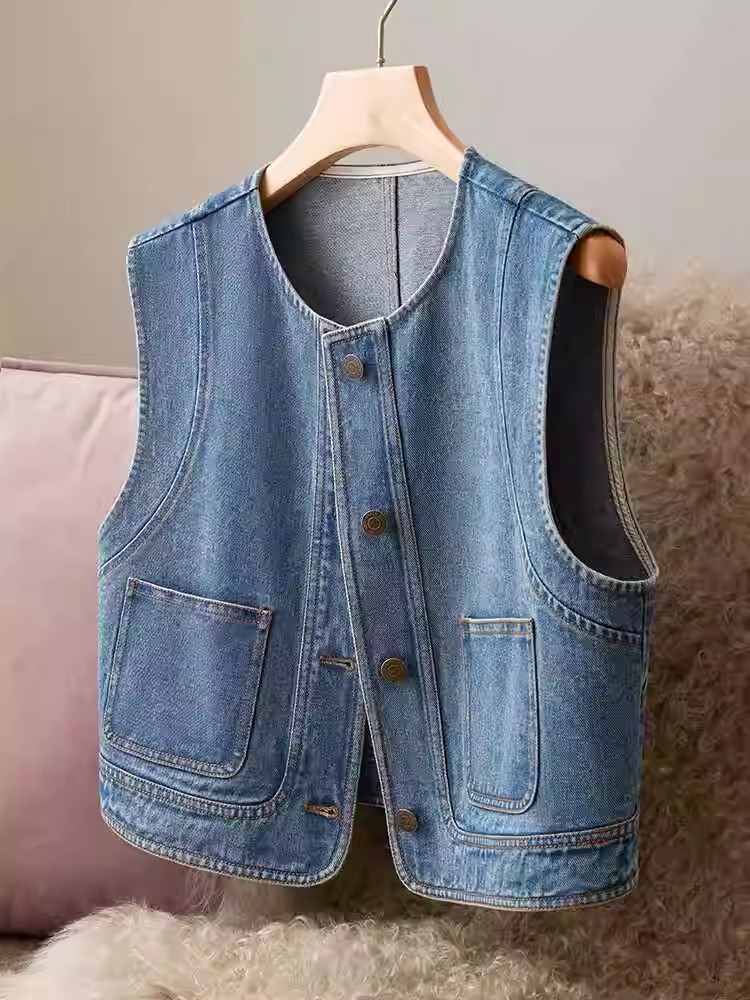 2025 Spring and Autumn New Fashion Trend Small Denim Vest Women's Design Sense Niche Casual Sleeveless Jacket