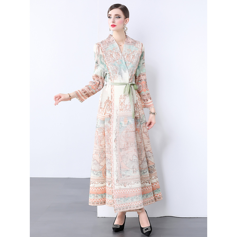 Ethnic Style Printed Pleated Long Shawl Coat Women's 2024 Autumn Large Lapel Miyake Cardigan Top Long