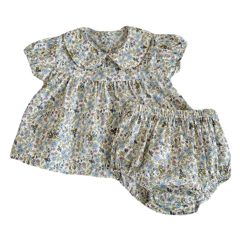 Ins2025 Summer Infants and Young Kidsren Baby Girl Orchid Flower Doll Collar Short-Sleeved Shirt + Pants Suit Two-Piece Set