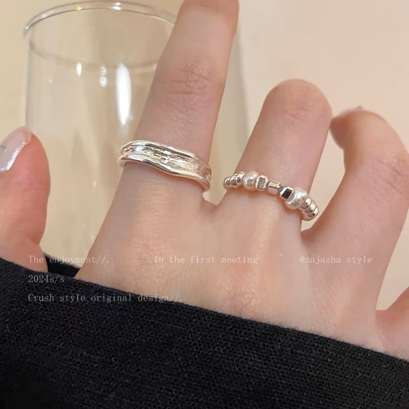 Pearl Shattered Silver Irregular Ring Women's Niche Design Light Luxury High Sense Finger Ring Cold Wind Fat Hand Wholesale