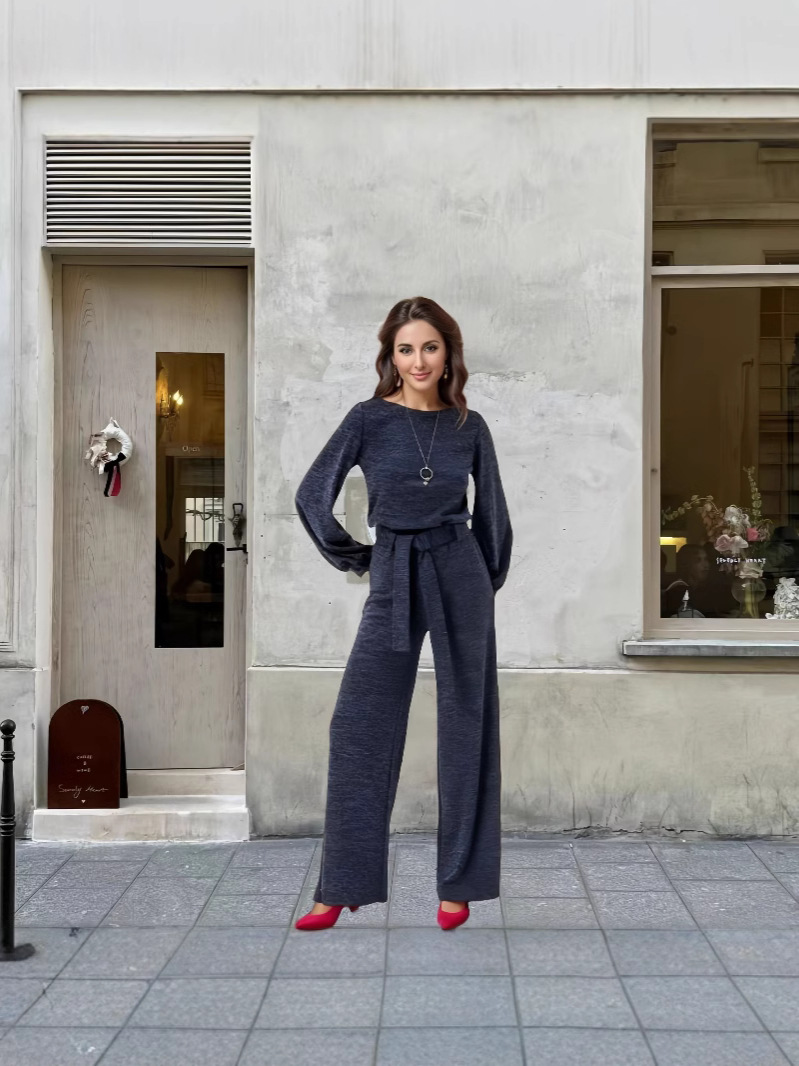 European and American AliExpress autumn and winter round neck lantern sleeve long sleeve sweater elastic belt knitted loose wide leg pants suit