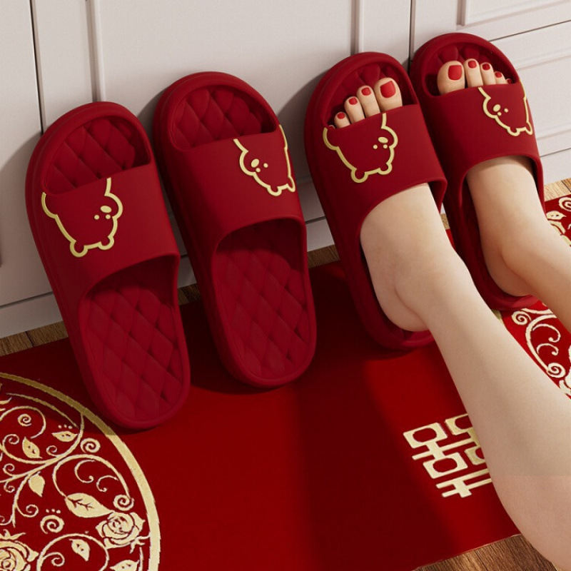 Red Slippers for Wedding Couple, a Pair of Summer Zodiac Year, Newlyweds, Festive Dressing Gown, Bride's Dowry Slippers