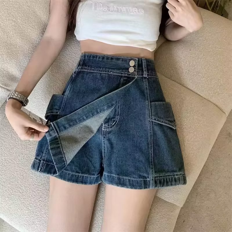 Blue Denim Short Skirt for Women in Summer, High-Waisted, Thin, Slimming Look, Curled, Large Size Denim Culottes for Outer Wear, Women's A-Line Versatile