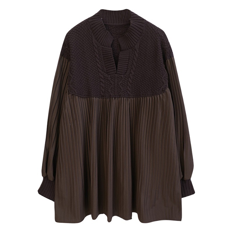 Wrinkle Stitching Knit Sweater Shirt chubby girl plus size Women Lamps v Neck Bump A Edition Doll Shirt Top