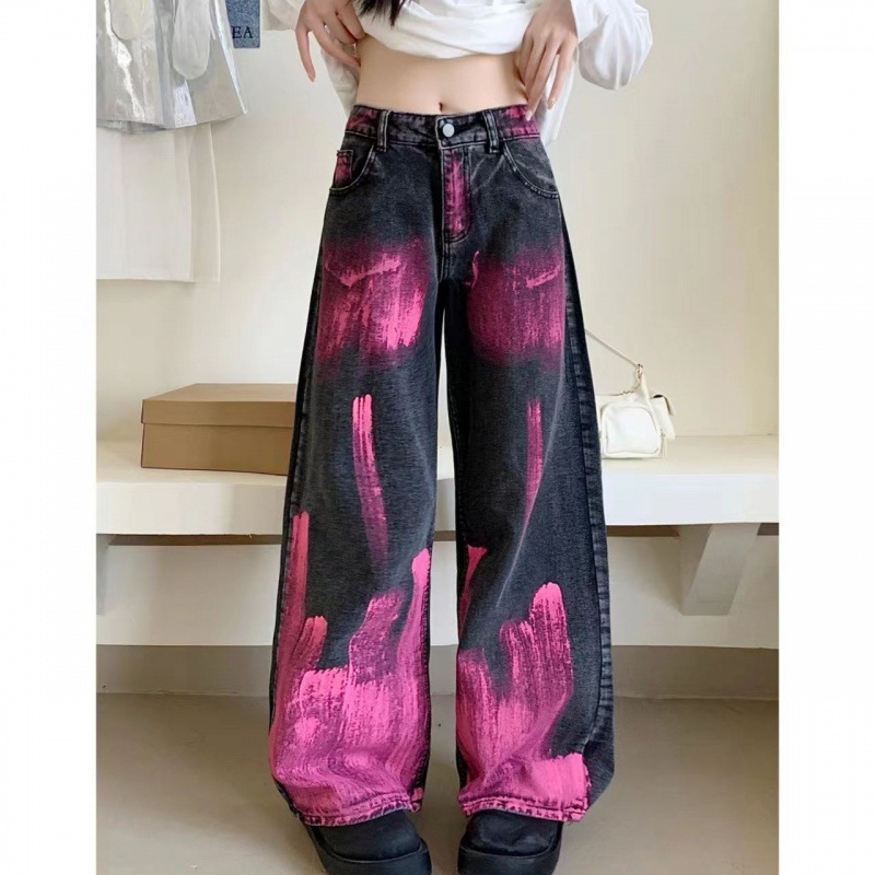 Picture of American Style High Street Flame Graffiti Tie-Dye Design Sense 2024 Jeans Women's Spring High Waist Loose Wide Leg Pants