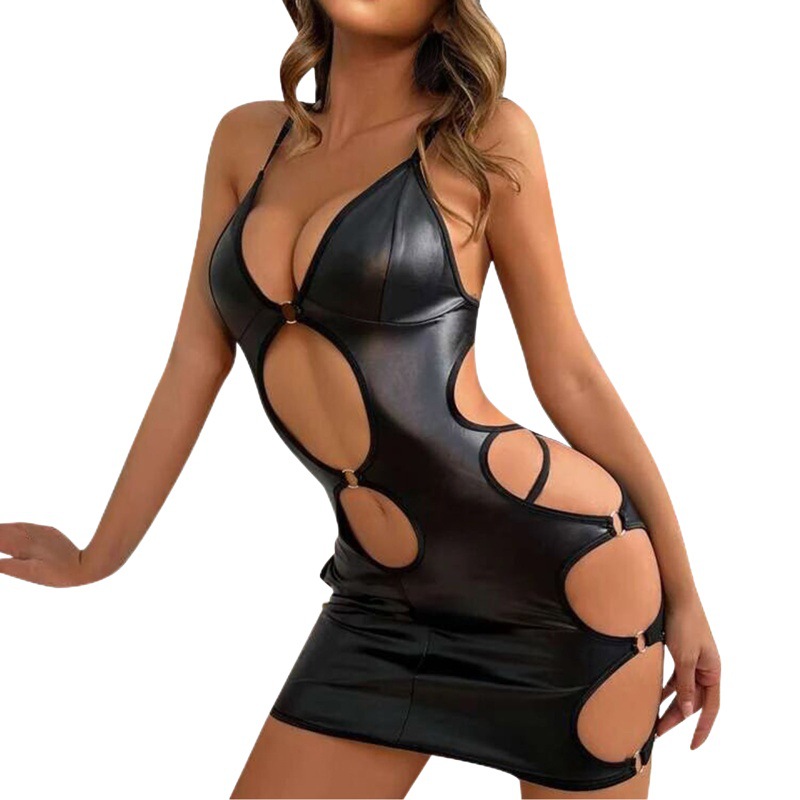 Cross-Border Supply European and American Foreign Trade Sexy Lingerie Sexy Black Patent Leather Halter Neck Hollow Skirt Game Wear Manufacturer Ready Stock