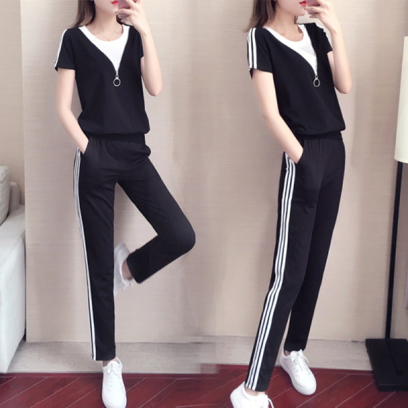 614# leisure sports suit women's summer 2024 new fashion zipper loose short sleeve running clothes two-piece suit