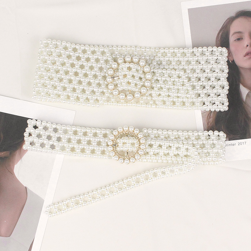 Picture of Fashion Sweet Elegant String Pearl Belt Elastic Wide Diamond Waist Seal European and American Retro Dress Decorative Belt for Women