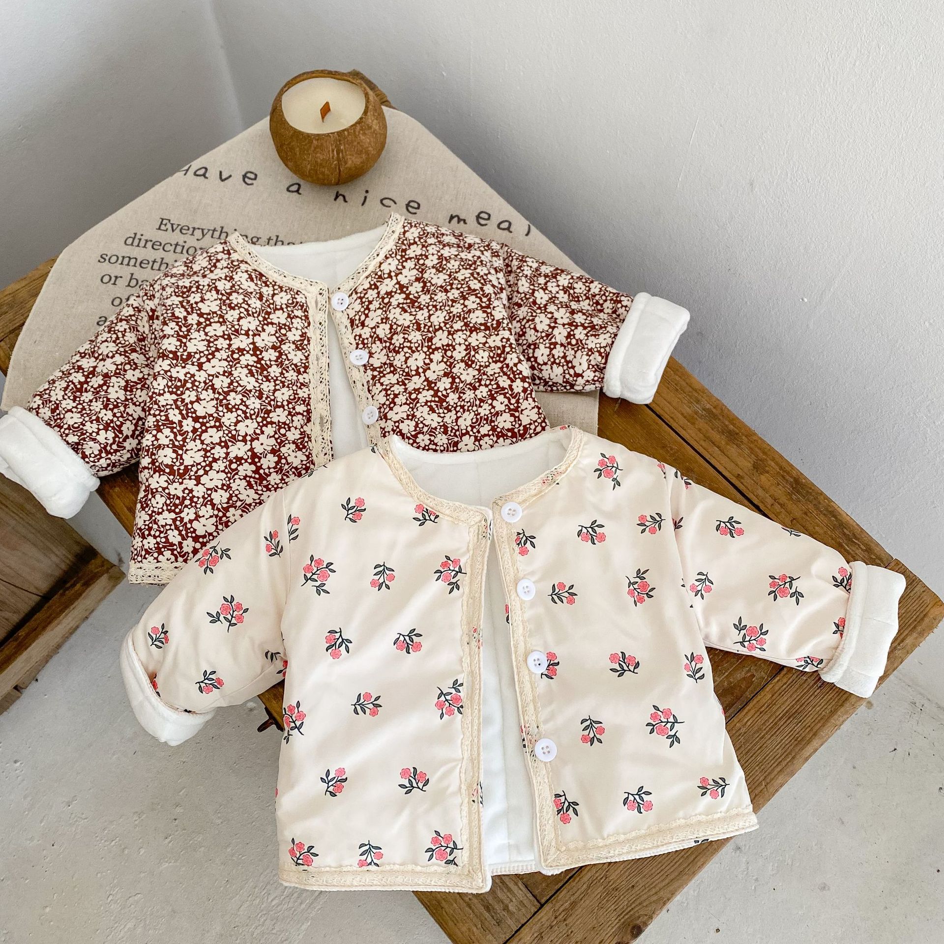 Picture of 2025 New Winter Clothing for Baby Girls, Infants and Young Kidsren, Thickeneded Long-Sleeved Lace Floral Quilted Cardigan Jacket
