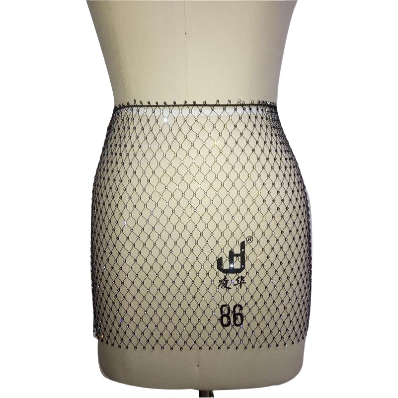 Cross-border nightclub new grid sparkling slim skirt-studded fishing net skirt sexy hollow skirt BY0131