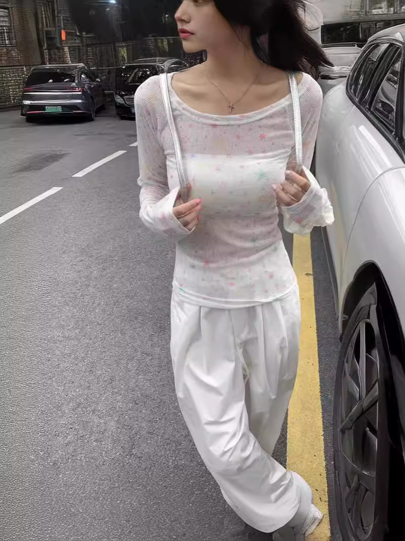 Printed One-shoulder Long-sleeved Short Versatile T-shirt for Women Summer Design Slim-fitting Bottoming Shirt Thin Inner Top