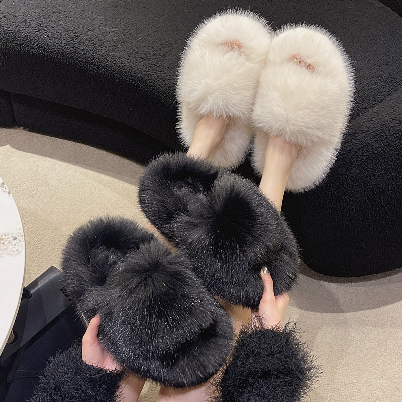 Cross-border 2023 European and American New Mao Mao Slippers Women's Autumn and Winter Home fleece-lined Warm Faux Fur Plush Cotton Slippers