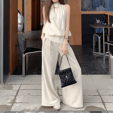 New Korean Fashion Suit Halterneck Lace-Up Sleeveless Vest Women's Summer High-Waist Slimming Wide-Leg Trousers Two-Piece Set