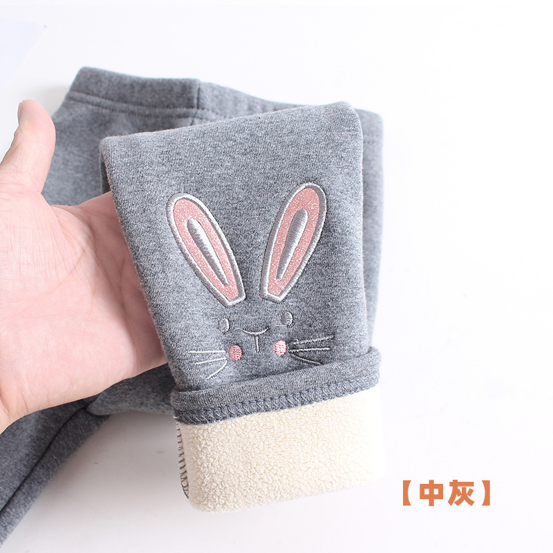 Picture of Winter Girls' Fleece-Lined Pure Cotton Children's Autumn and Winter Pants with Cartoon Bunny Embroidery, Thickened and Warm Baby Trousers