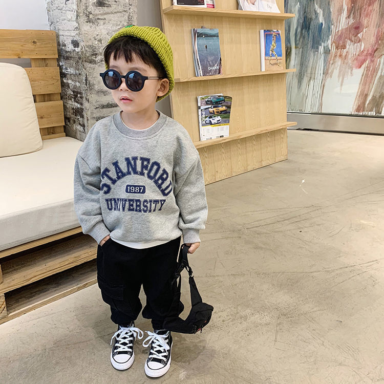 Cotton Children's Clothing Boys' Letter Print Sweatshirt for Older Children, Loose and Versatile Casual Stylish T-Shirt, Thin Spring and Autumn Top