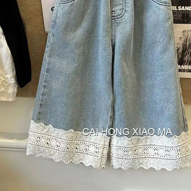 Picture of 2024 Autumn Baby Female Korean Style All-match Western Style Loose Casual Wide-leg Lace Denim Wide-leg Pants