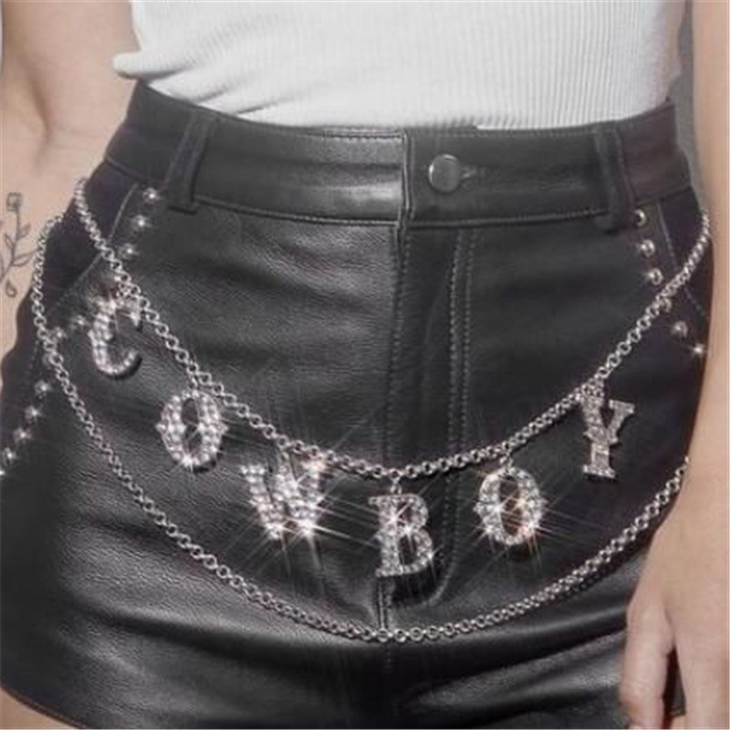 MW2936 European and American waist chain fashion rhinestone inlaid letter pendant wave tasseled chain waist chain waist decoration