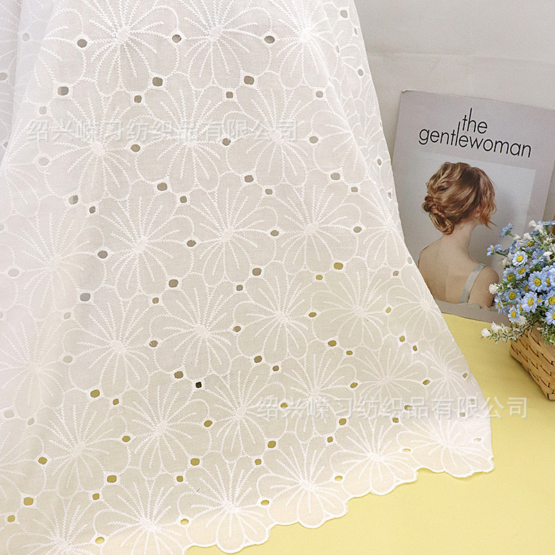 Picture of in stock variety of pure cotton hollow embroidered fabric bilateral positioning perforated spring and summer children's clothing dress white embroidered fabric