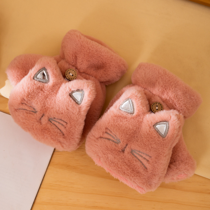 Picture of Korean version of warm cotton gloves ladies winter cute cycling students thickened velvet half finger students flip cartoon fashion
