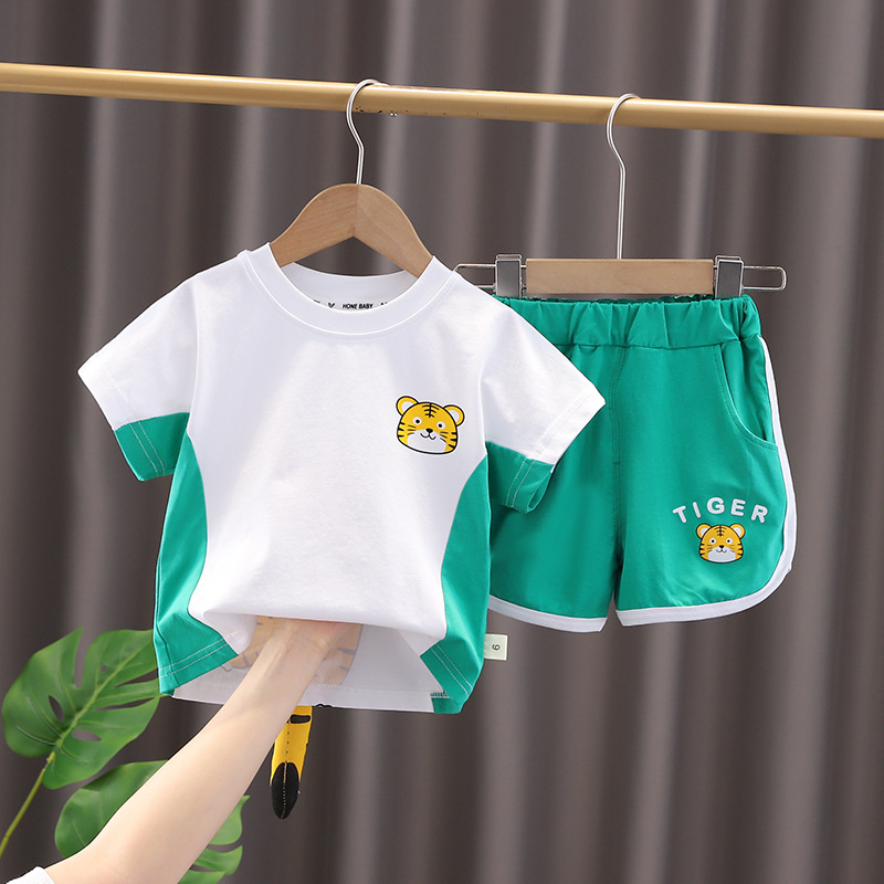 2023 New Summer Western Style Boys' Baby Short-sleeved Set Crewneck Cartoon Casual Sports Suit Trendy