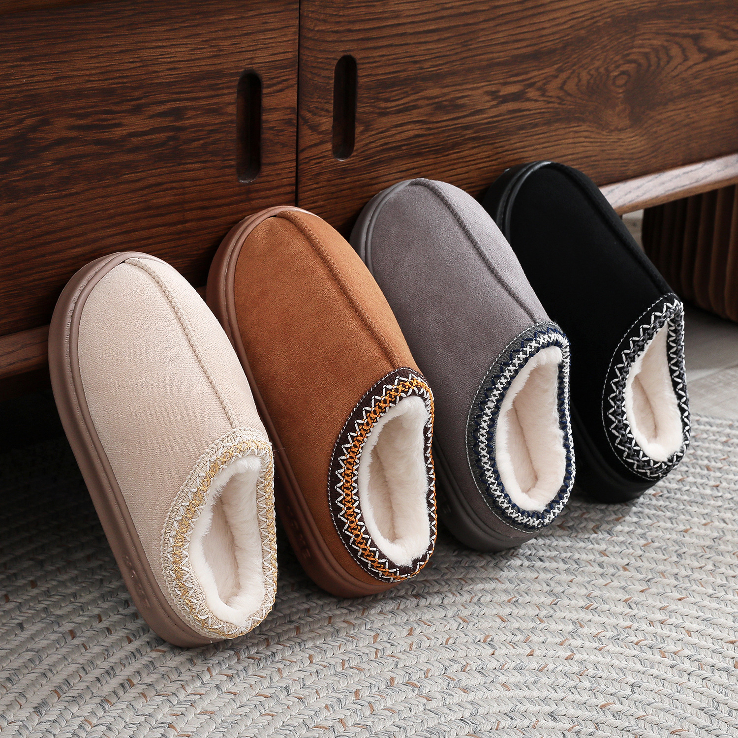 [EVA Sole] 2024 Winter New Home fleece-lined Thickened Couple Warm Cotton Slippers Lace Shoes