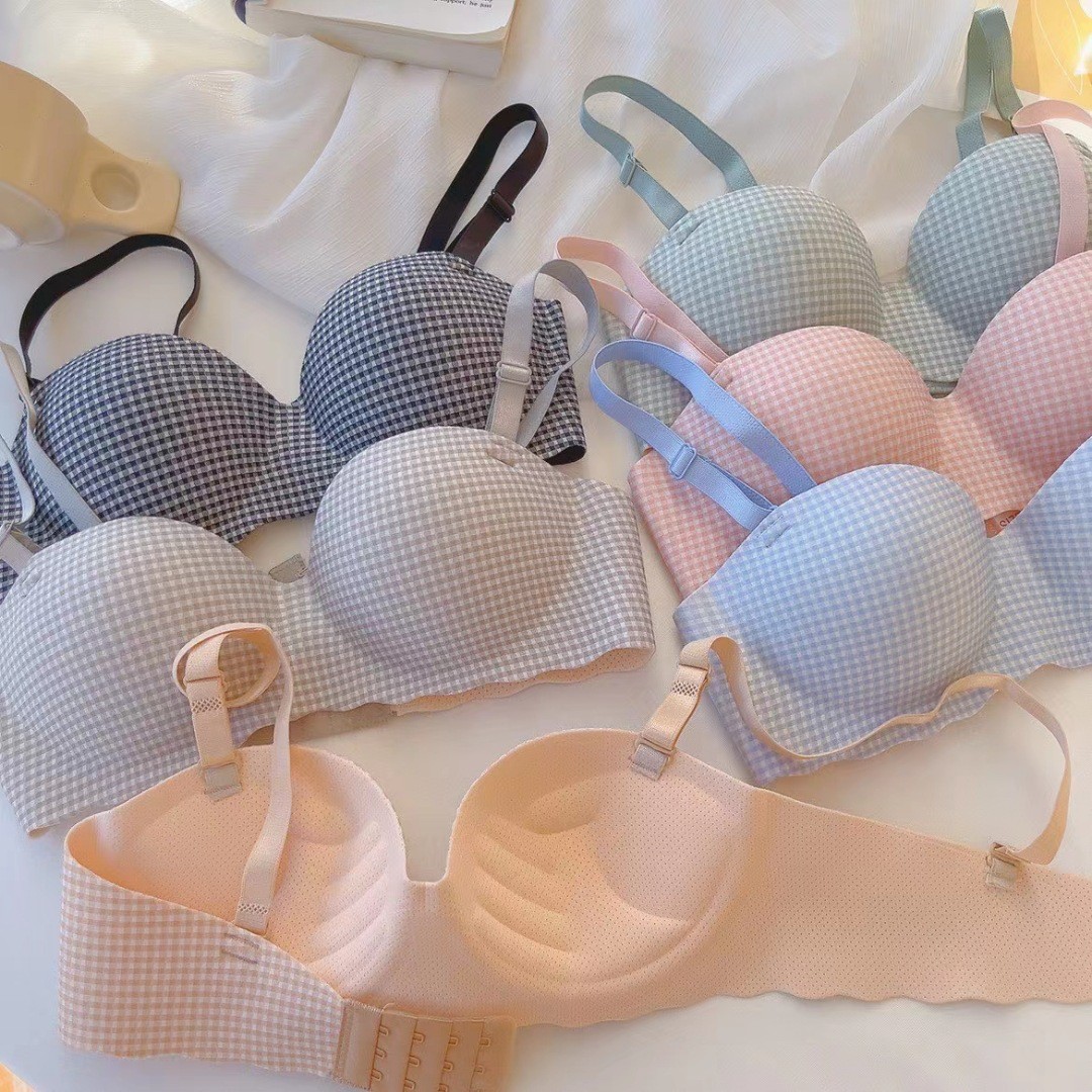 Picture of Half cup Plaid girl underwear one piece Palm Cup seamless small chest gathered wireless bra student bra