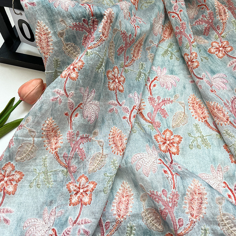 Retro Floral Embroider Digital Printed Fabric New Chinoiserie Han Dynasty Cheongsam Dress Handmade DIY Fabric