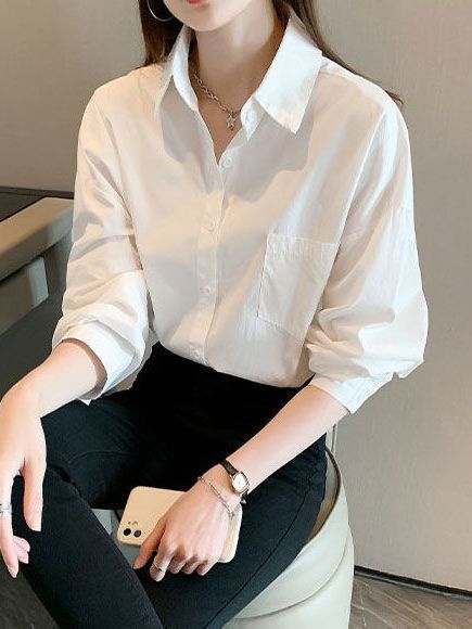 Picture of Polo Collar Long-sleeved White Shirt Women's Autumn New Korean Style Loose All-match Casual Elegant Cardigan Top for Outer Wear