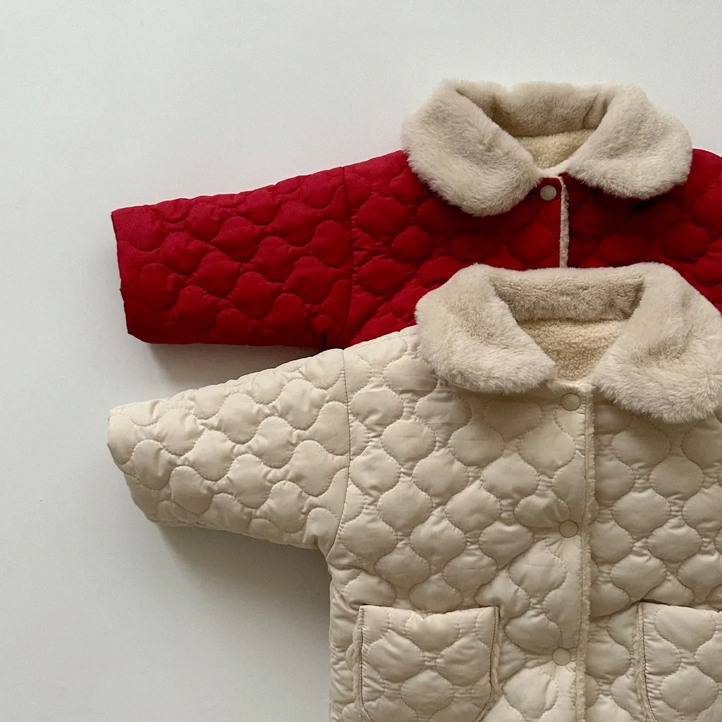 Picture of ins baby fleece-lined winter boys and girls baby clothes cardigan lapel Korean style newborn warm cotton-padded jacket coat