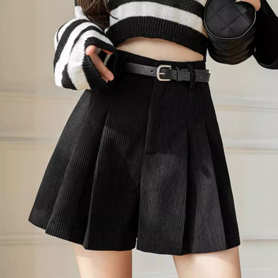 Corduroy Pleated Pants Skirt Wide-leg Shorts Women's Autumn and Winter High Waist A- line Pants Casual Outwear Pants 2023 New