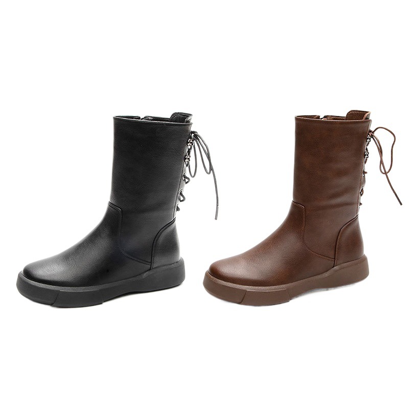 All-Match Vintage Autumn and Winter Genuine Leather Martin Boots Women's Brown Thick Heel Platform Knight Boots fleece-lined Warm Women's Boots