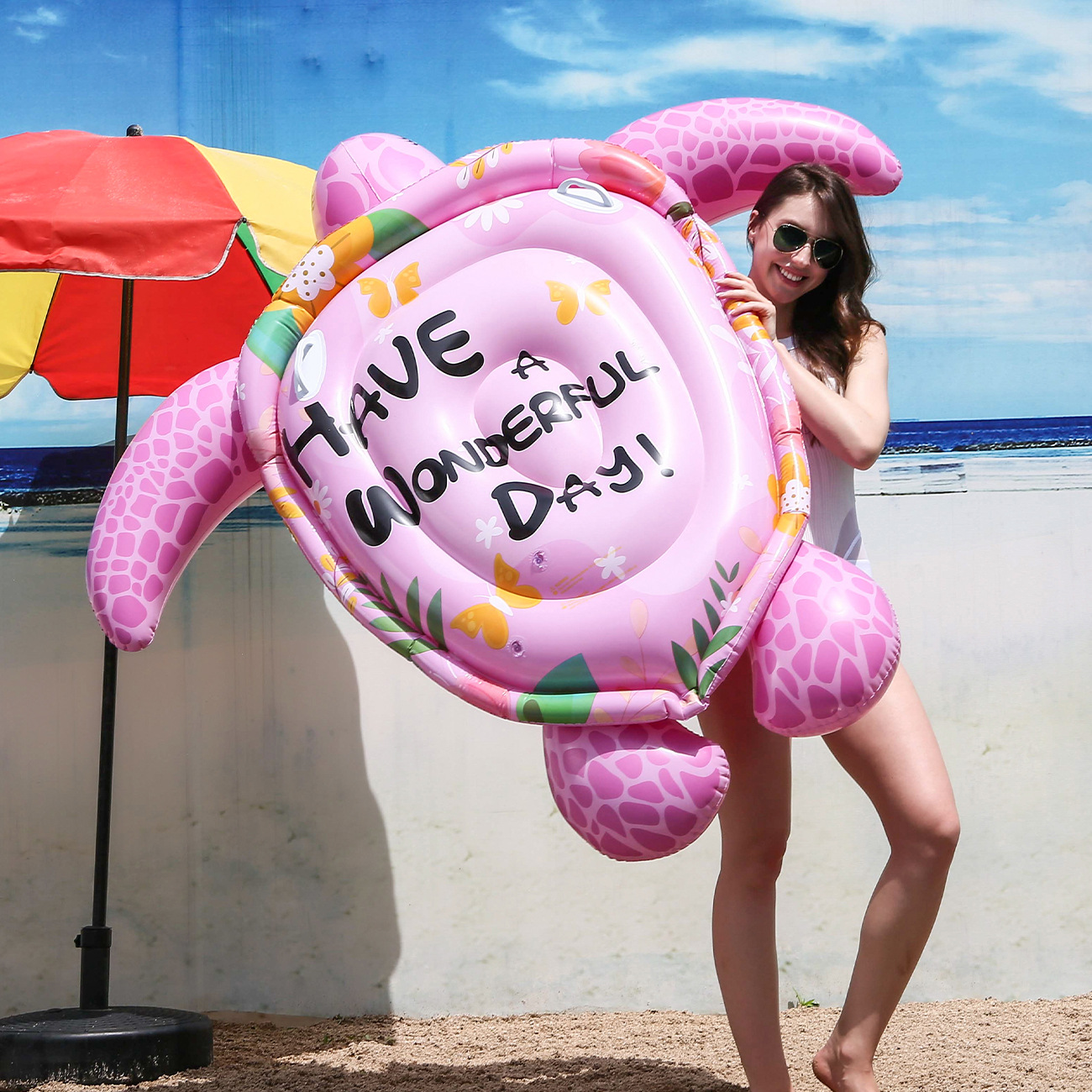 Adult inflatable pink turtle riding large water rafting mount floating row water toy swimming ring folding deck chair