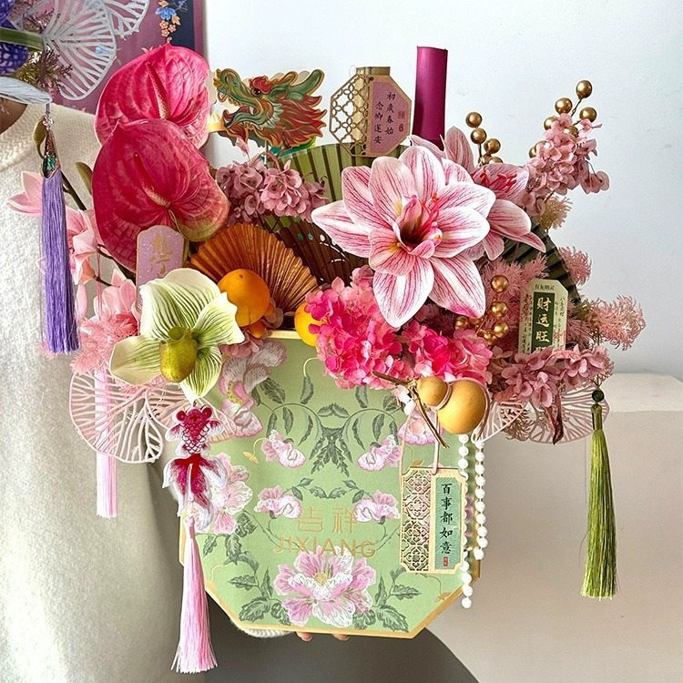 Picture of High-End Dragon Year New Model New Year's Eve Flower Premium Octagonal Box Fortune Bucket Housewarming Gift Chinese Style Embroidered Gift Box with Flowers