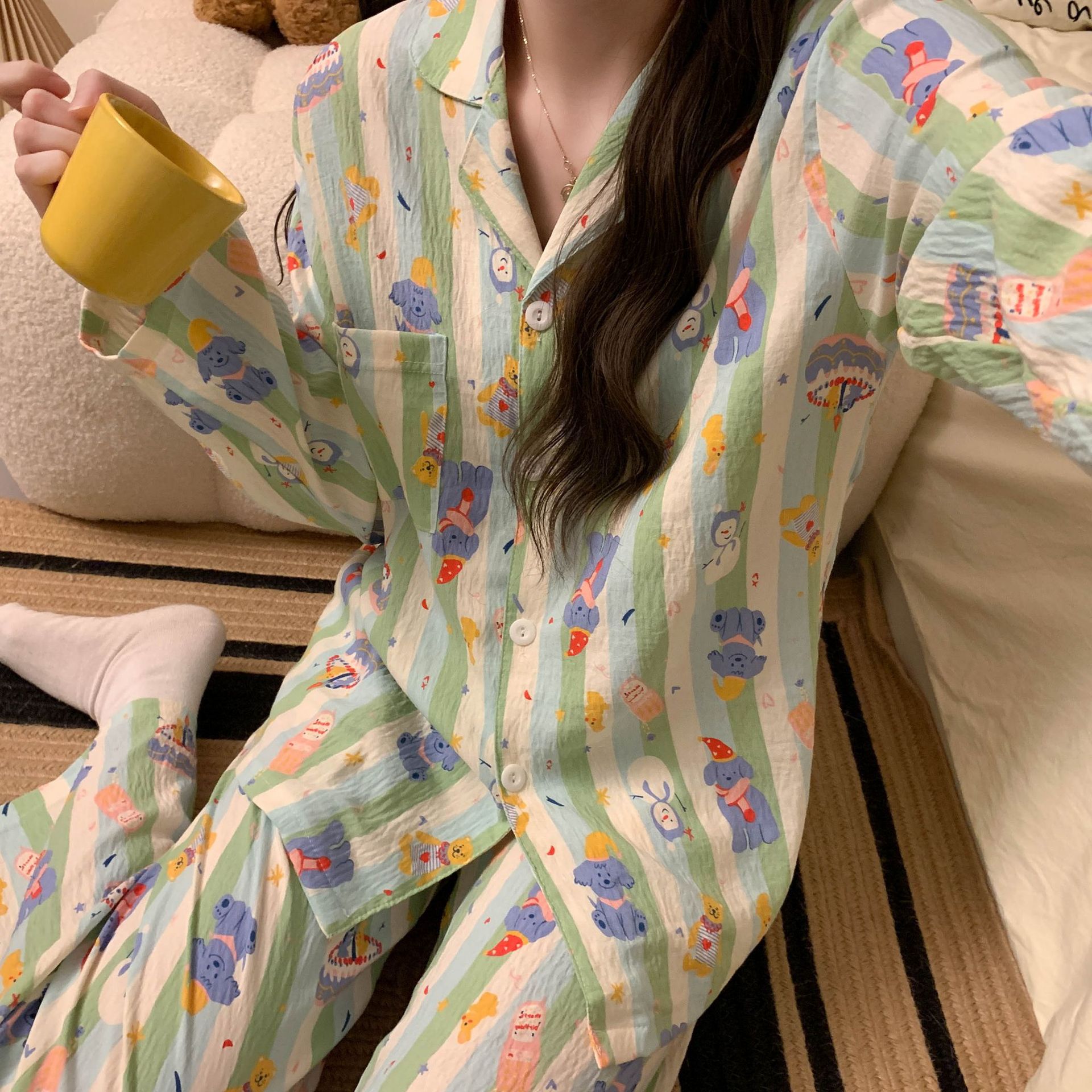 Korean Style Instagram Style Striped Pajamas for Girls 2024 Summer Cute Cartoon Long Sleeve Cloud Cotton Bear Home Clothes suit