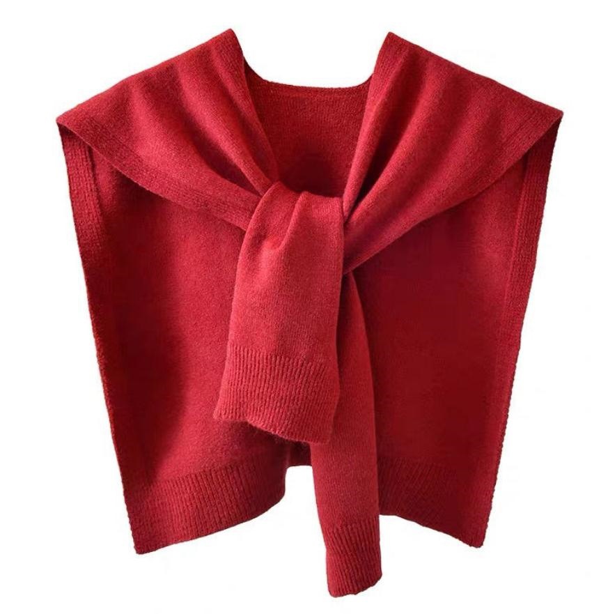 Picture of Core-spun Yarn Knitted Shawl Women's Spring and Autumn Outer Waistcoat Solid Color Shoulder Thin Cardigan Summer Knot False Collar Scarf