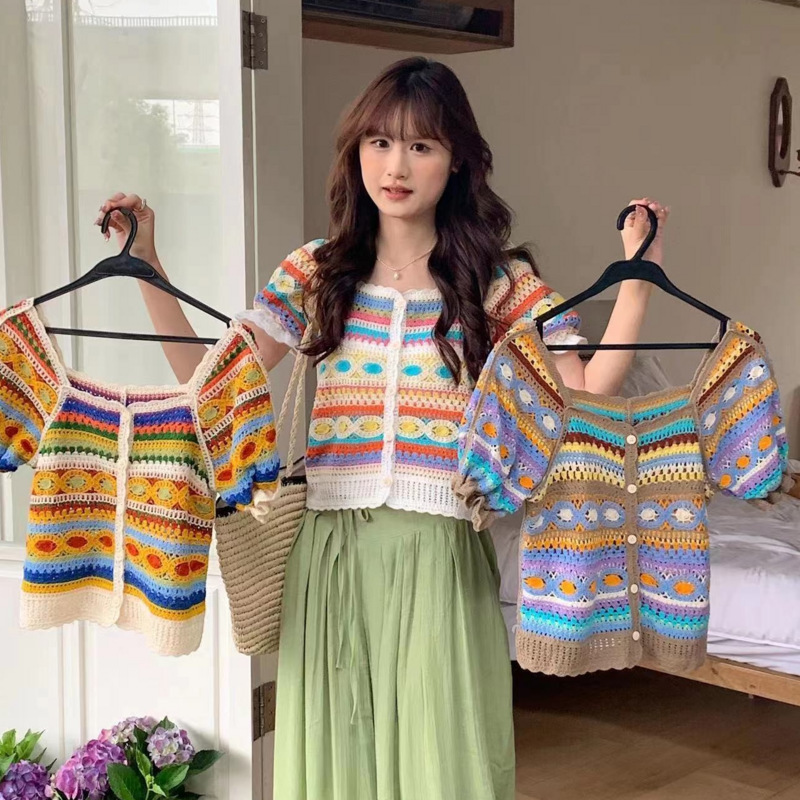 Colorful striped square collar short-sleeved top 2023 Summer new slimming niche single-breasted short knitted cardigan