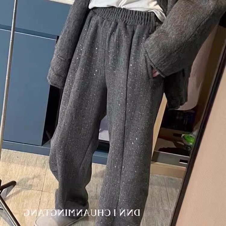 European station 2023 winter new design sense of foreign style high waist hot drilling suit pants shiny slim casual pants women