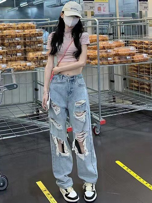 American High Street Ripped Jeans for Women, Wide-Leg Pants, Spring Straight Pants, High-Waisted Loose Beggar Long Pants, Trendy