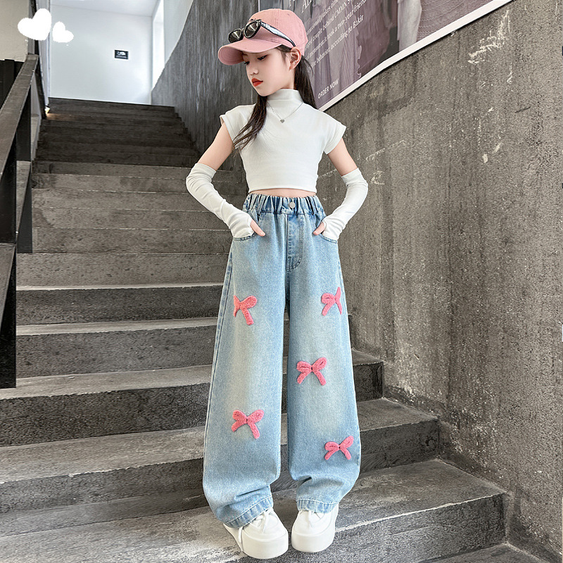 Picture of Girls' Spring Jeans 2025 New Korean Style Middle and Big Children's Fashionable Towel Embroidered Wide Leg Pants Trendy Trousers