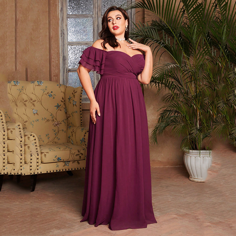 European and American Plus Size Fat mm Sister Evening Dress One-Shoulder Off-Shoulder Short-Sleeved Slit Evening Party Annual Meeting Evening Dress