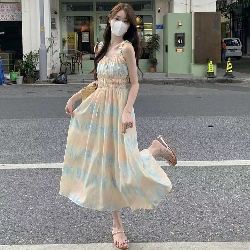 Slim floral sundress summer new wooden first love sweet dress resort style suspender new style