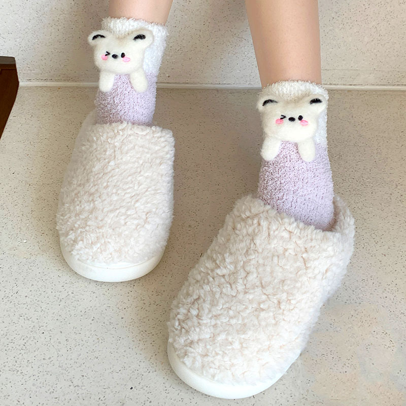 Picture of Cute Coral Fleece Socks Women's Three-dimensional Cartoon Doll Winter fleece-lined Thickened Warm Postpartum Home Sleep Socks