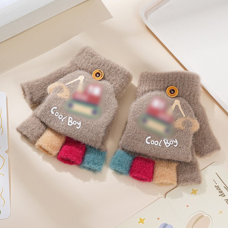 Picture of Children's flip gloves autumn and winter boys half finger warm cute Primary School students writing knitted dual-purpose gloves wholesale